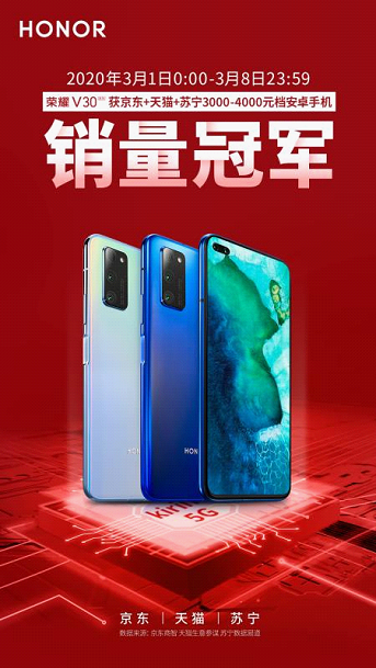 榮耀V30系列屢獲多平臺銷冠，實現(xiàn)逆勢增長