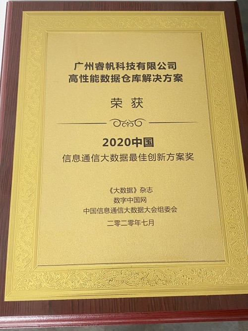 睿帆科技數(shù)倉(cāng)解決方案，榮獲2020中國(guó)信通會(huì)大數(shù)據(jù)最佳創(chuàng)新方案獎(jiǎng)