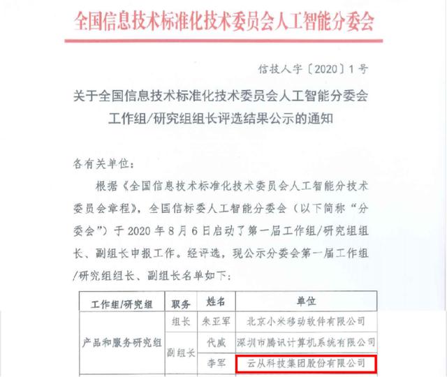 云從科技當(dāng)選全國信標(biāo)委人工智能分委會(huì)副組長(zhǎng)