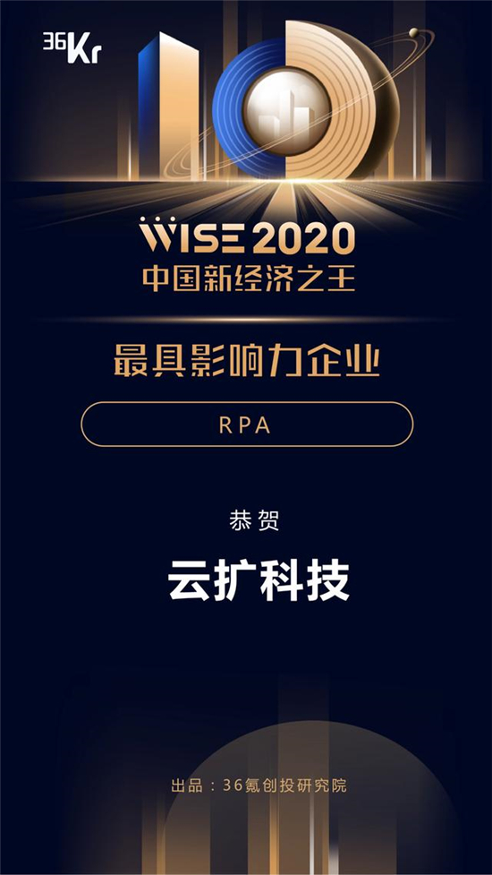 云擴科技獲36kr新經(jīng)濟之王「2020最具影響力企業(yè)，RPA將重構未來工作方式