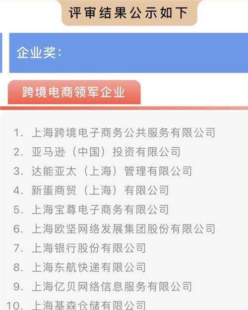 亞馬遜、新蛋、億貝入選上?？缇畴娚?020年度十大領(lǐng)軍企業(yè)榜單