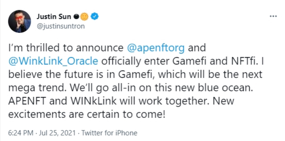 孫宇晨再落一子，APENFT和WINkLink要攜手布局GameFi了？