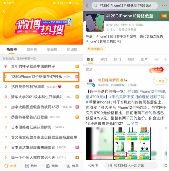 iPhone13發(fā)布前夕手機(jī)價(jià)格地震，128G iPhone12聚劃算降4799元