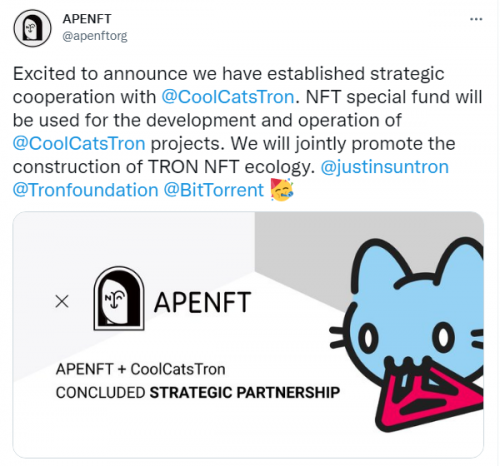 APENFT與Tron Cool Cats達成戰(zhàn)略合作