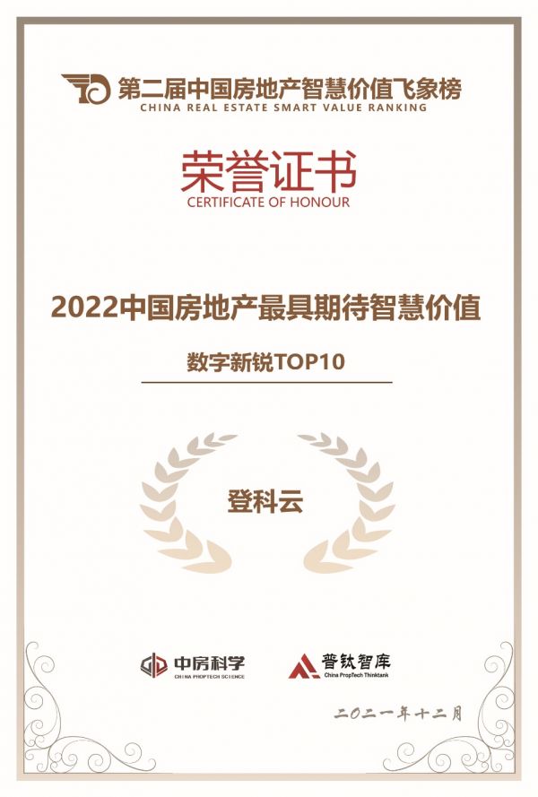 登科云獲評中國房地產最具期待智慧價值數字新銳服務商