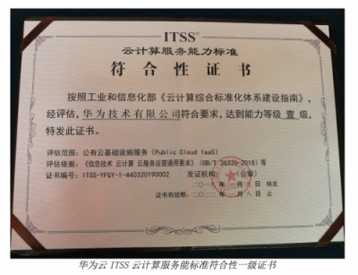 華為云基礎設施服務獲“ITSS云計算服務能力一級”認證