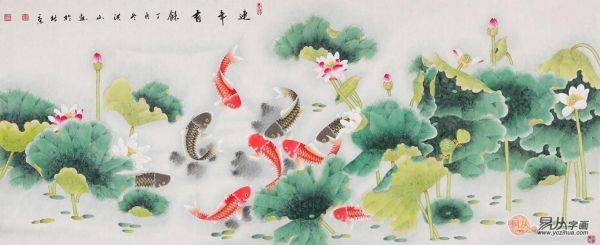 當(dāng)代擅畫九魚圖的畫家，張洪山工筆荷花九魚圖作品大全