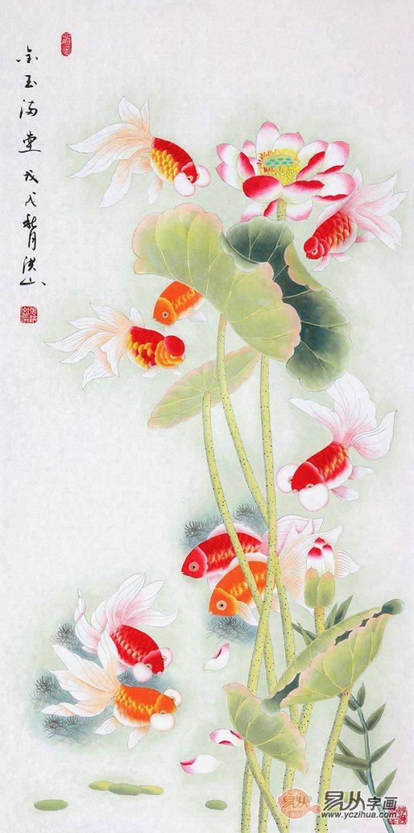 當(dāng)代擅畫九魚圖的畫家，張洪山工筆荷花九魚圖作品大全