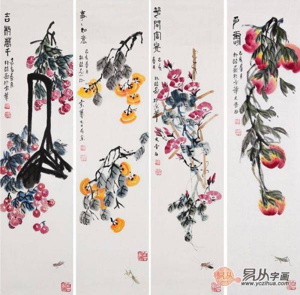 中國(guó)花鳥(niǎo)畫四條屏——齊白石后人 樸喆寫意四條屏國(guó)畫