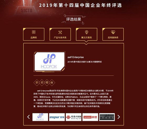 好撲與聯(lián)想、浪潮等知名企業(yè)在第14屆中國企業(yè)年終評選中獲評2019年度解決方案類獎項