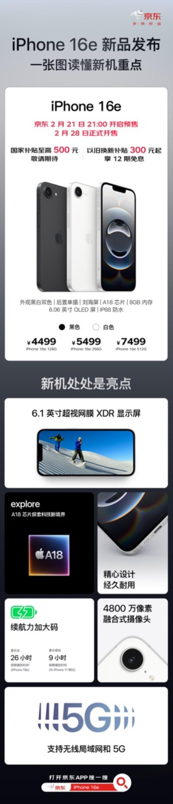 iPhone 16e新品2月21日預(yù)購(gòu) 京東以舊換新+國(guó)家補(bǔ)貼可省800元